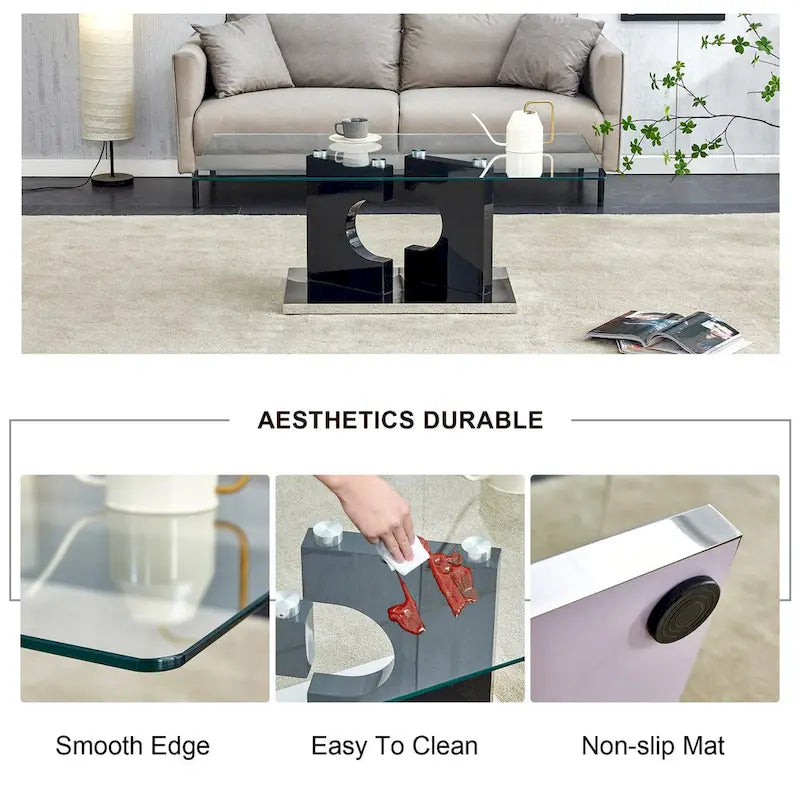 Rectangular Modern Coffee Table with Tempered Glass Tabletop