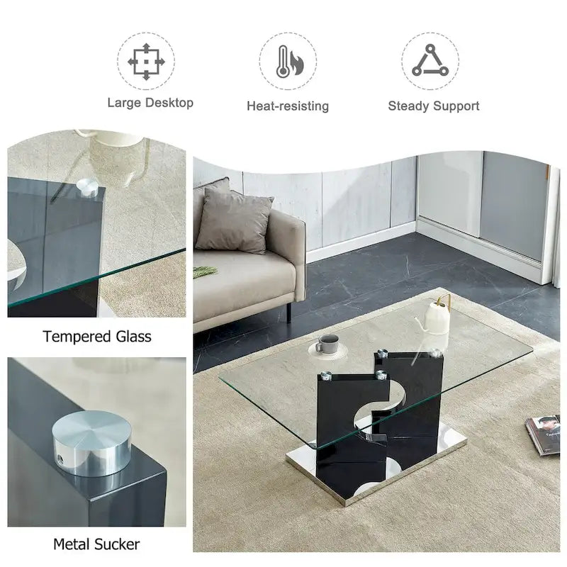 Rectangular Modern Coffee Table with Tempered Glass Tabletop