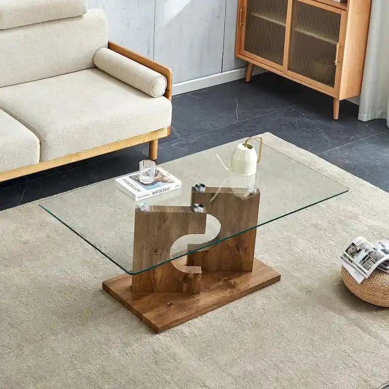 Rectangular Modern Coffee Table with Tempered Glass Tabletop