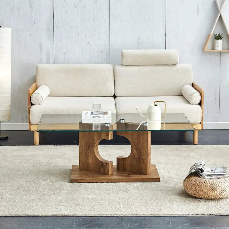 Rectangular Modern Coffee Table with Tempered Glass Tabletop