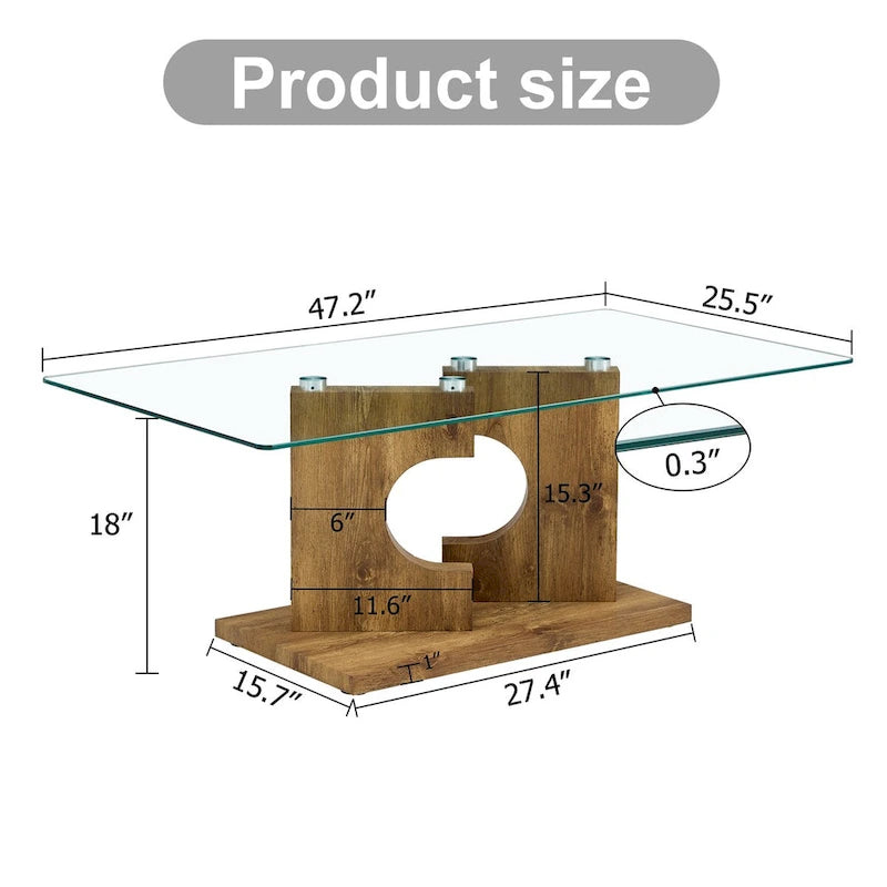 Rectangular Modern Coffee Table with Tempered Glass Tabletop