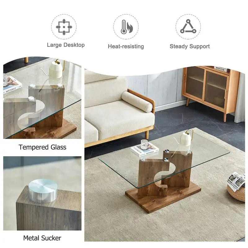 Rectangular Modern Coffee Table with Tempered Glass Tabletop