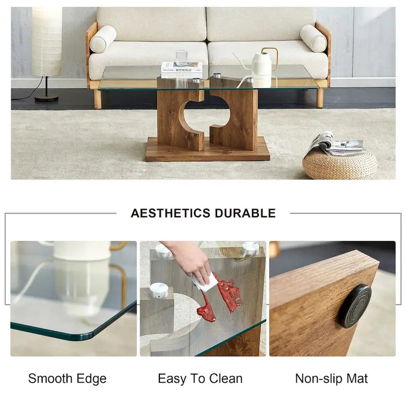 Rectangular Modern Coffee Table with Tempered Glass Tabletop