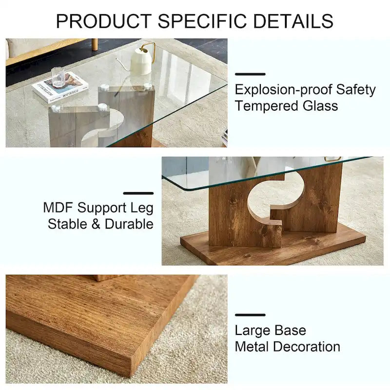 Rectangular Modern Coffee Table with Tempered Glass Tabletop