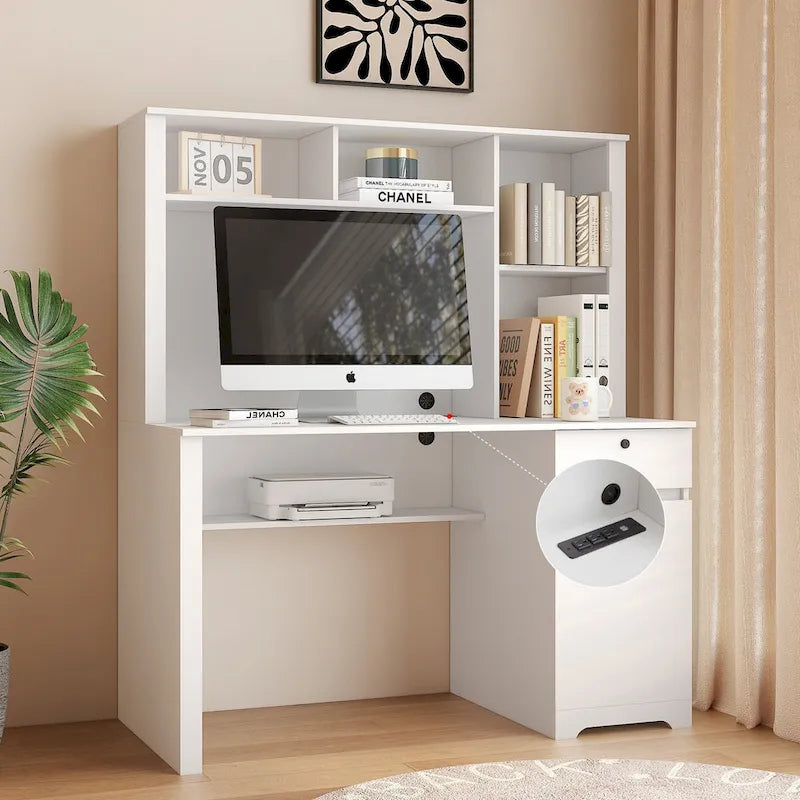 Home Office Desk with Bookshelf, Drawers, AC Outlets & USB Ports