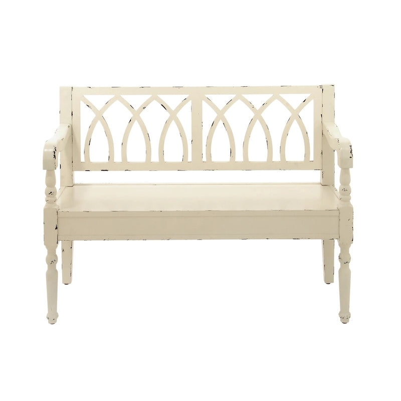 Wood Distressed Bench with Arched Design Back and Turned Legs - Black or White