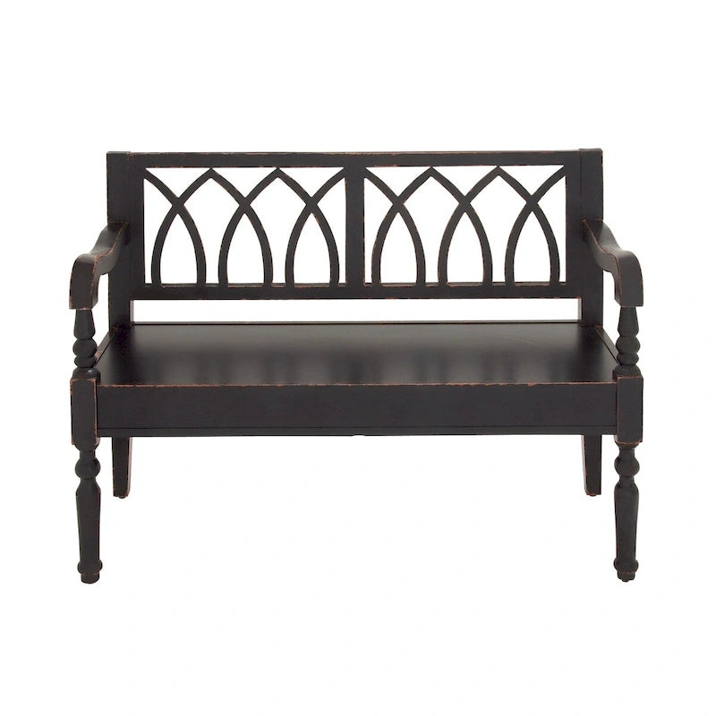 Wood Distressed Bench with Arched Design Back and Turned Legs - Black or White