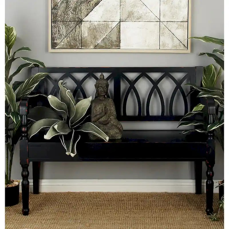 Wood Distressed Bench with Arched Design Back and Turned Legs - Black or White