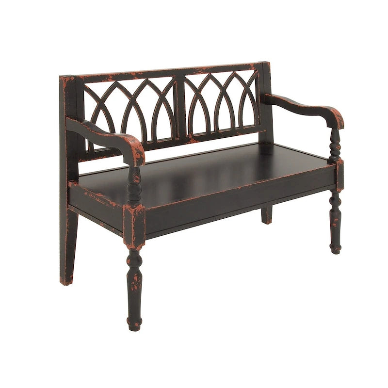 Wood Distressed Bench with Arched Design Back and Turned Legs - Black or White