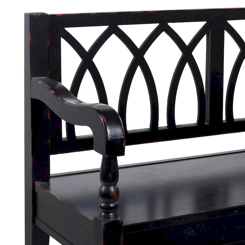 Wood Distressed Bench with Arched Design Back and Turned Legs - Black or White
