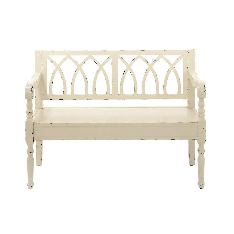 Wood Distressed Bench with Arched Design Back and Turned Legs - Black or White