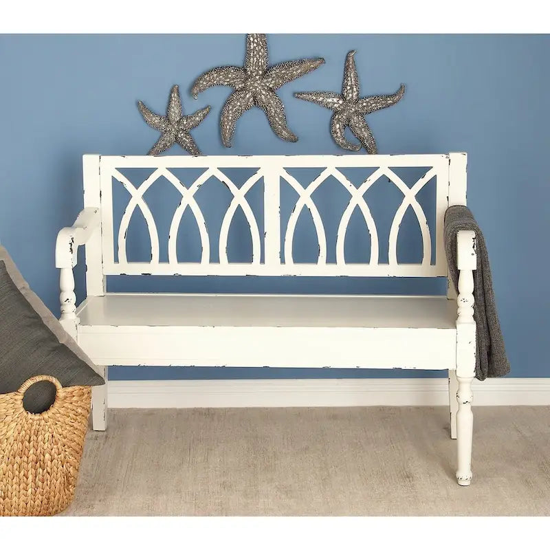Wood Distressed Bench with Arched Design Back and Turned Legs - Black or White
