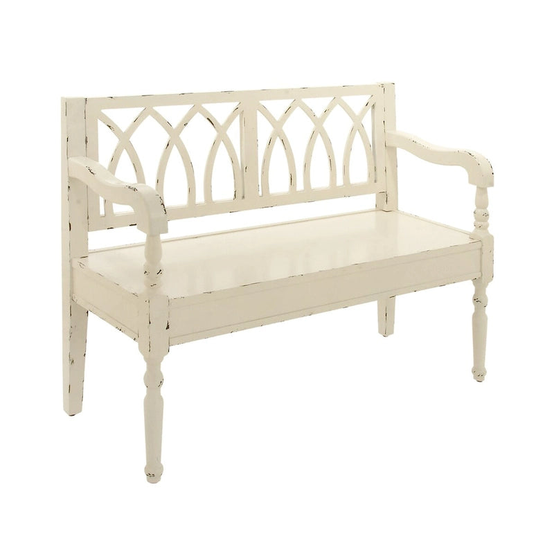 Wood Distressed Bench with Arched Design Back and Turned Legs - Black or White