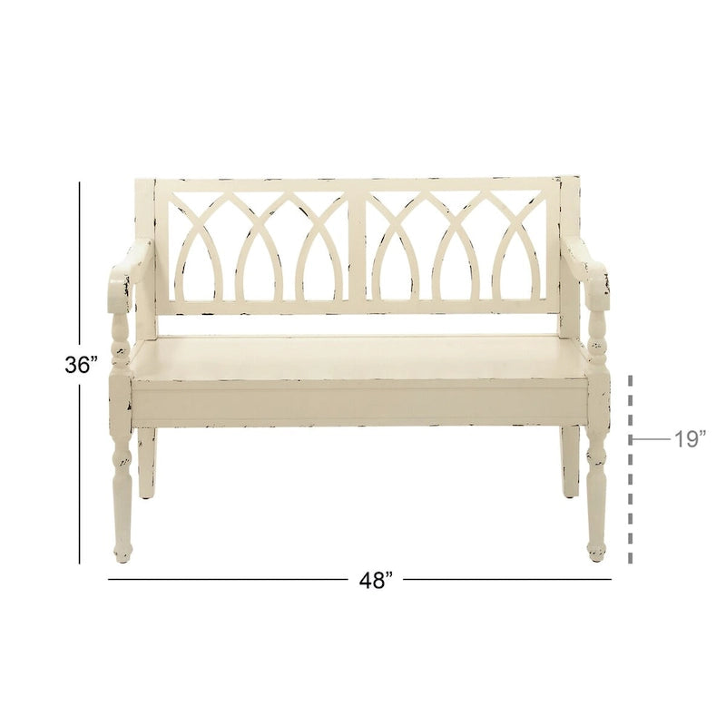 Wood Distressed Bench with Arched Design Back and Turned Legs - Black or White