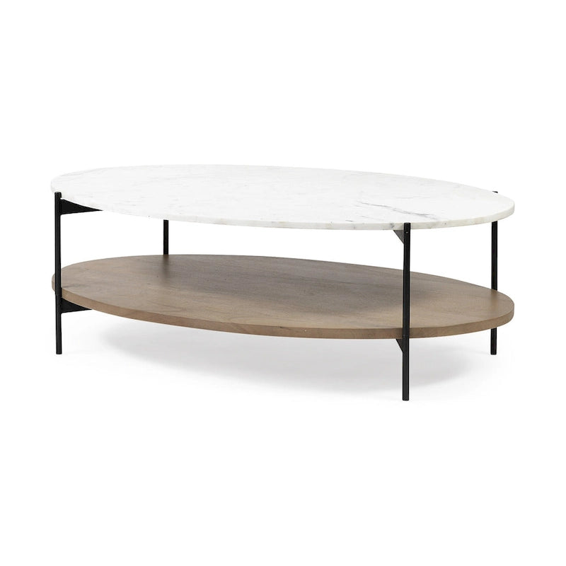 48" Brown & Black Genuine Marble and Metal Oval Coffee Table with Shelf