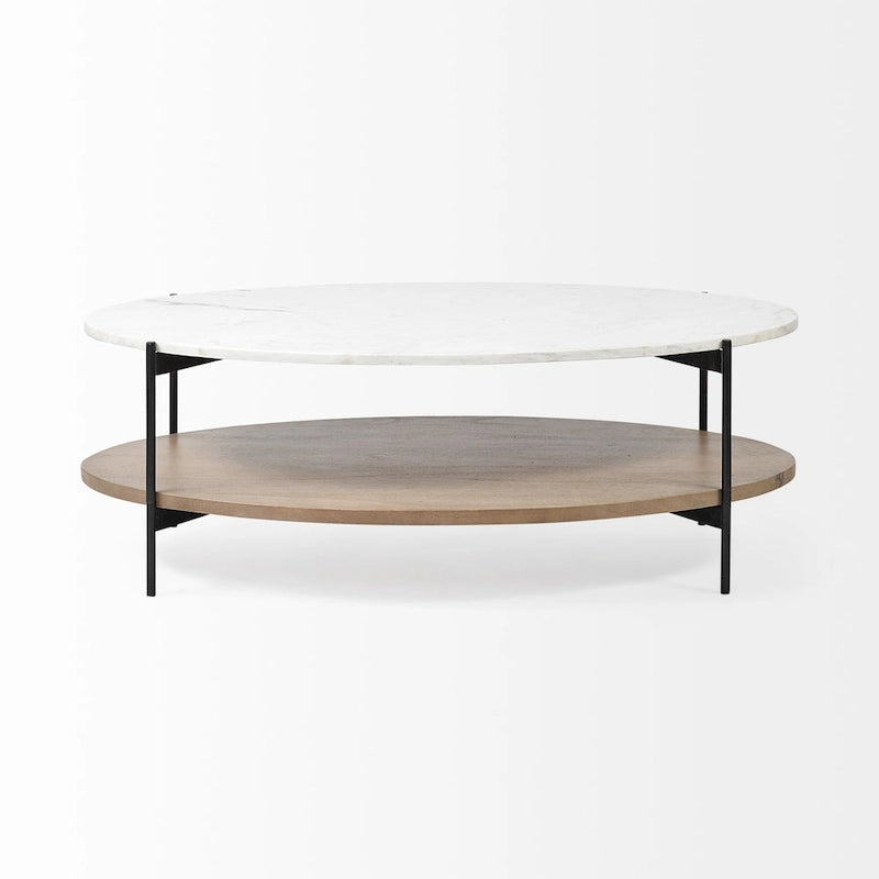 48" Brown & Black Genuine Marble and Metal Oval Coffee Table with Shelf