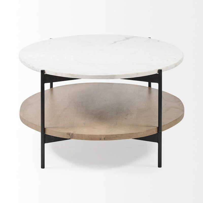 48" Brown & Black Genuine Marble and Metal Oval Coffee Table with Shelf