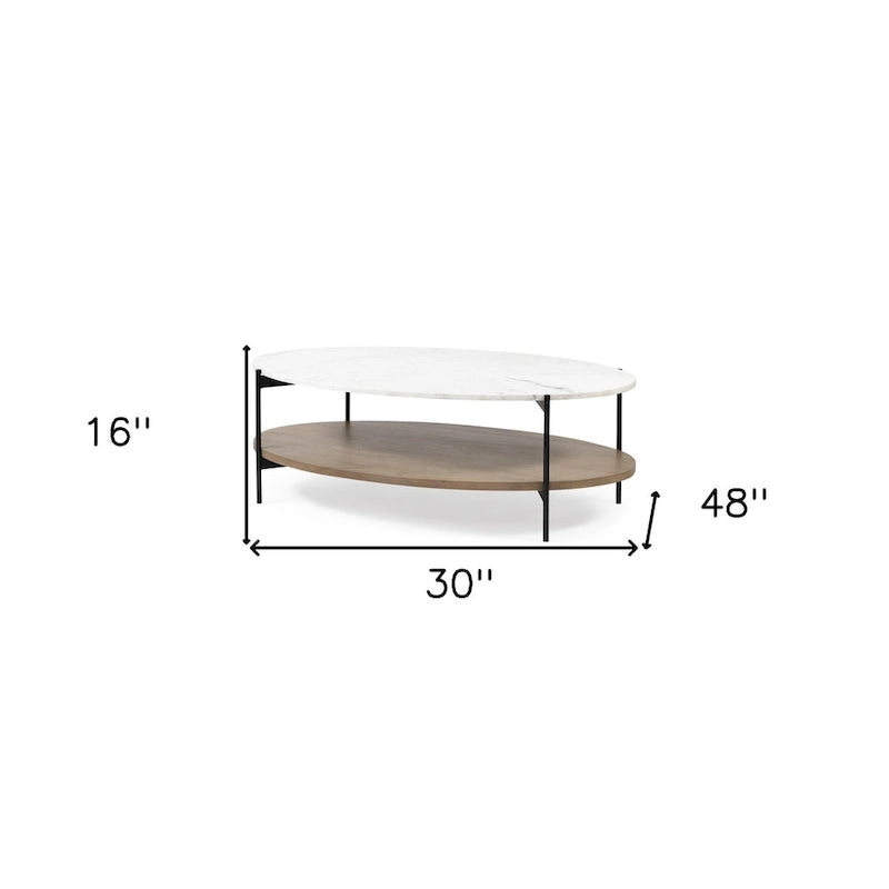 48" Brown & Black Genuine Marble and Metal Oval Coffee Table with Shelf