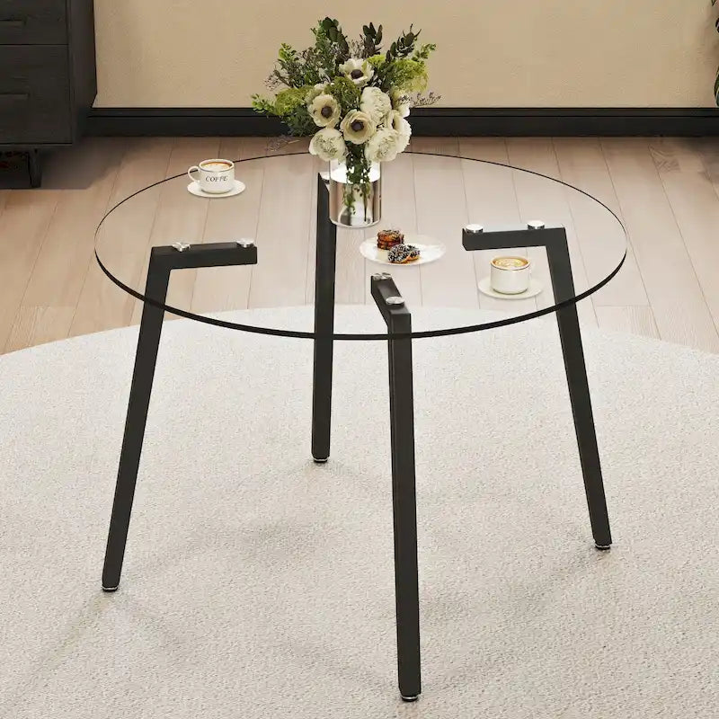 Round Tempered Glass Dining Table with Black Metal Legs, 42"x42"x29.5"