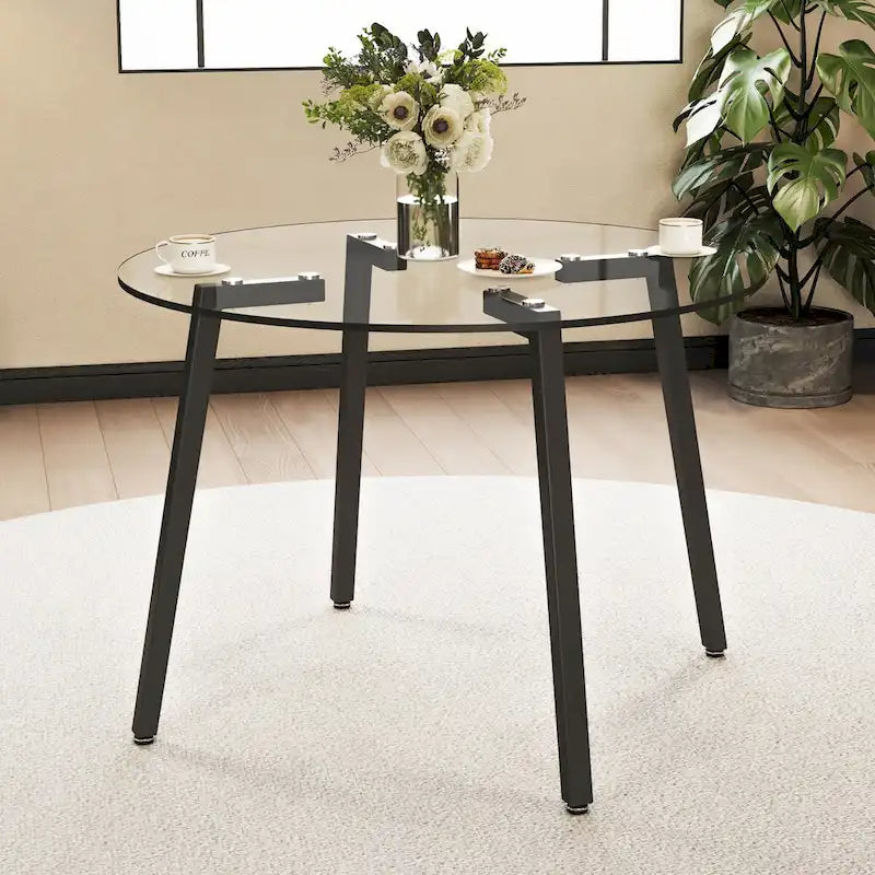 Round Tempered Glass Dining Table with Black Metal Legs, 42"x42"x29.5"