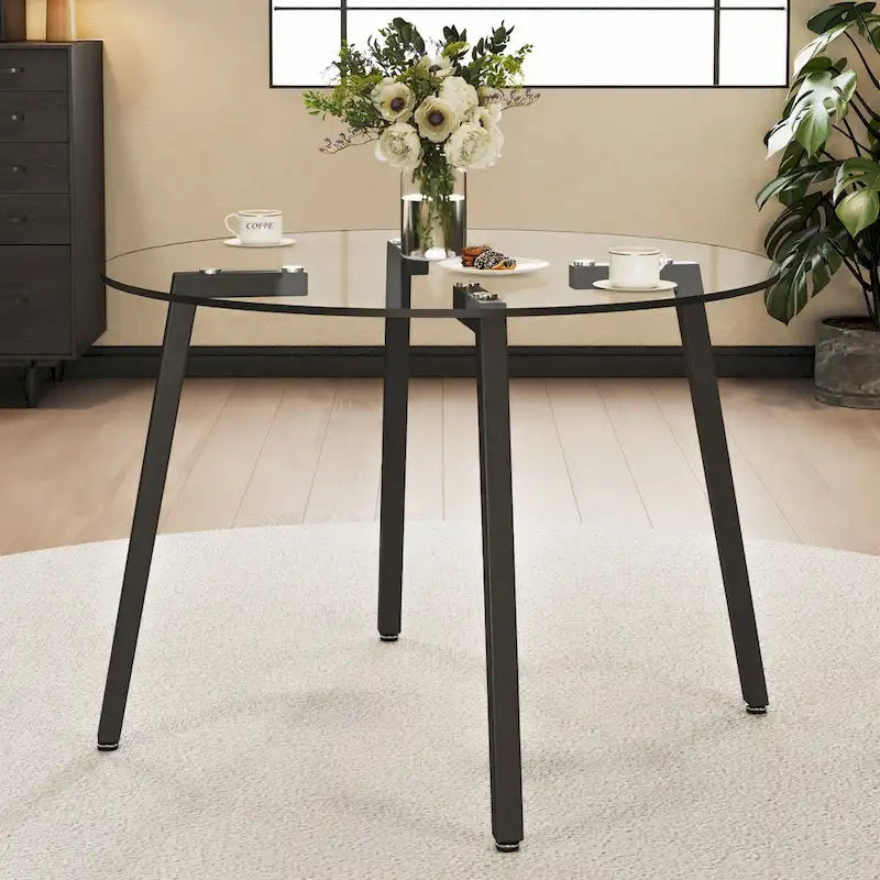Round Tempered Glass Dining Table with Black Metal Legs, 42"x42"x29.5"