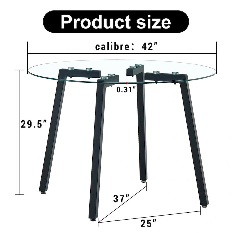 Round Tempered Glass Dining Table with Black Metal Legs, 42"x42"x29.5"