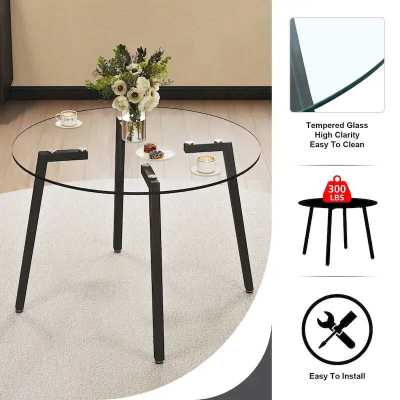 Round Tempered Glass Dining Table with Black Metal Legs, 42"x42"x29.5"