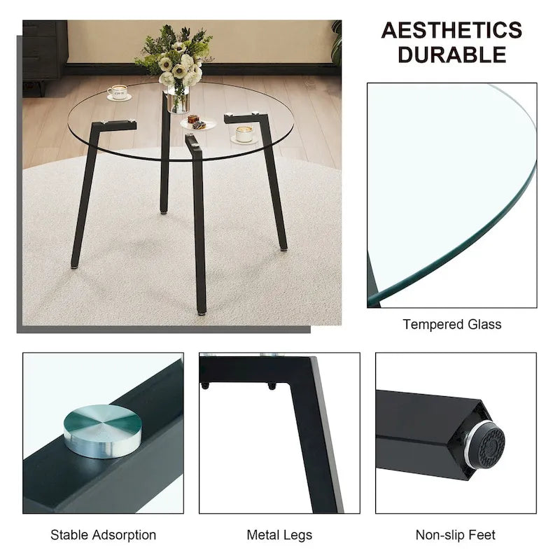 Round Tempered Glass Dining Table with Black Metal Legs, 42"x42"x29.5"
