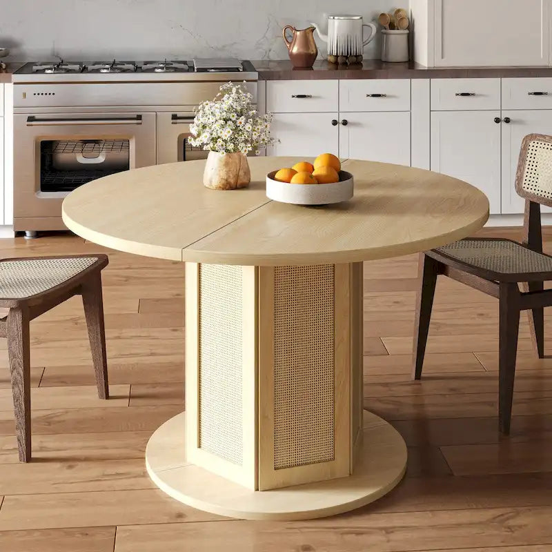 Farmhouse Round Pedestal Dining Table for 4 with Rattan Circular Base