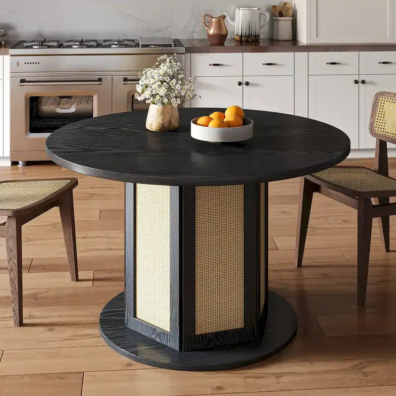 Farmhouse Round Pedestal Dining Table for 4 with Rattan Circular Base
