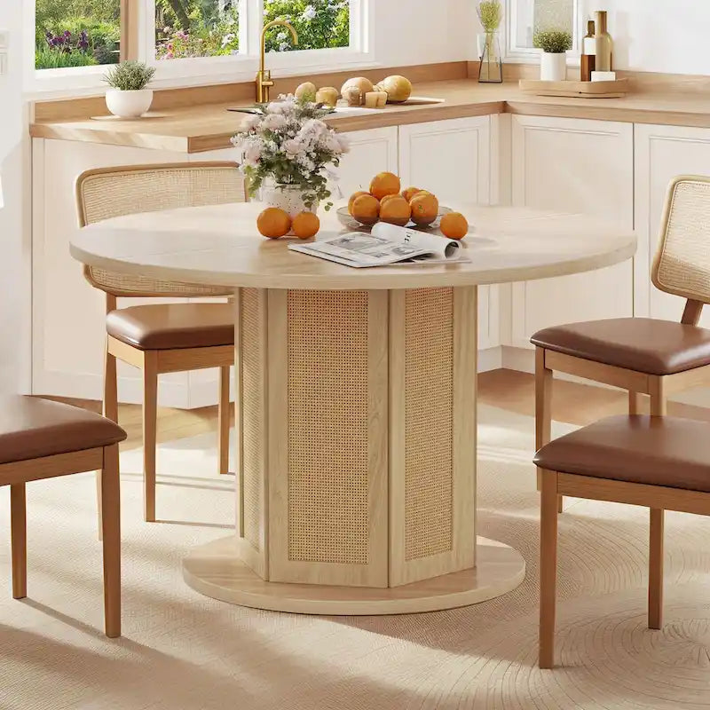 Farmhouse Round Pedestal Dining Table for 4 with Rattan Circular Base