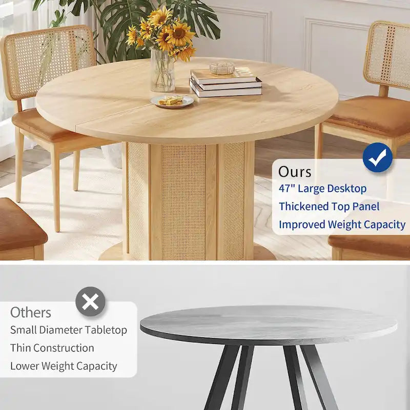 Farmhouse Round Pedestal Dining Table for 4 with Rattan Circular Base