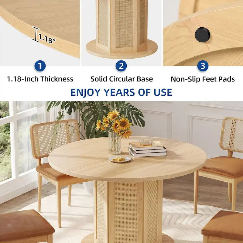 Farmhouse Round Pedestal Dining Table for 4 with Rattan Circular Base