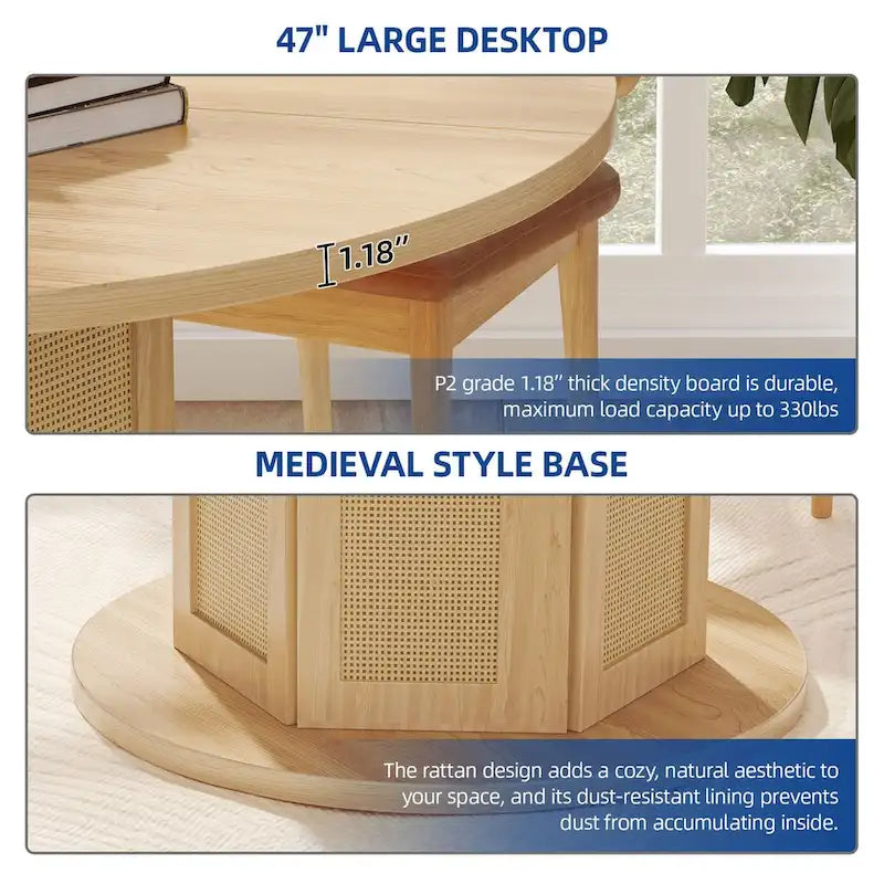 Farmhouse Round Pedestal Dining Table for 4 with Rattan Circular Base