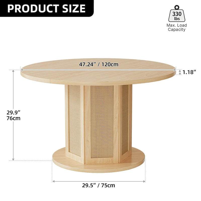 Farmhouse Round Pedestal Dining Table for 4 with Rattan Circular Base