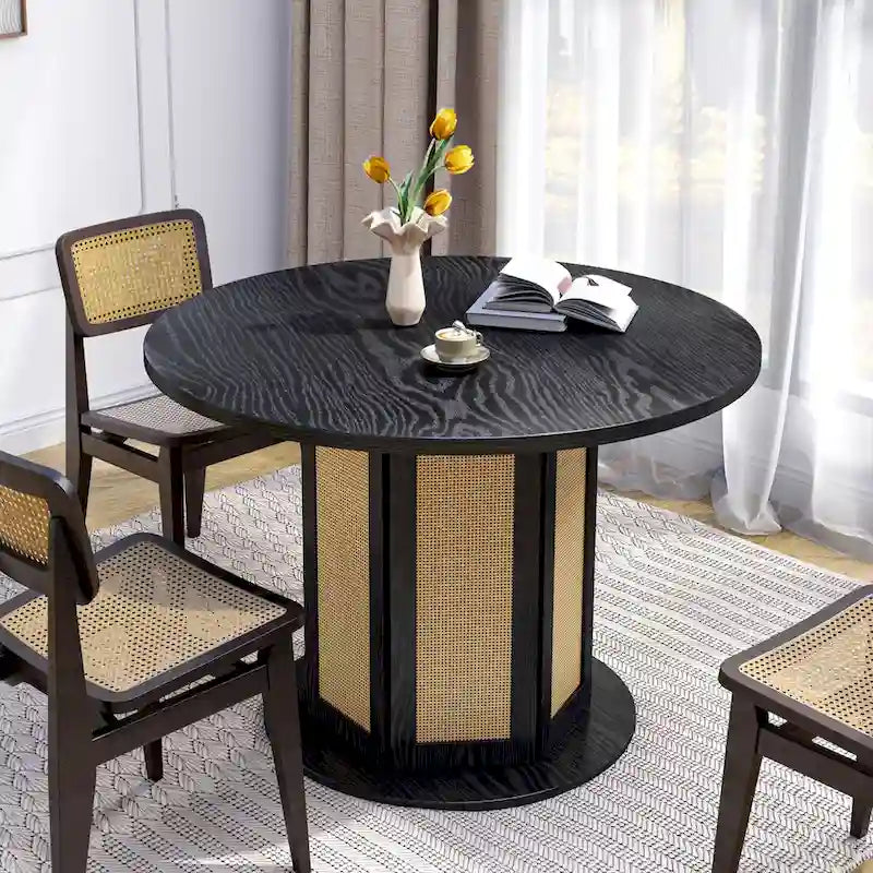 Farmhouse Round Pedestal Dining Table for 4 with Rattan Circular Base