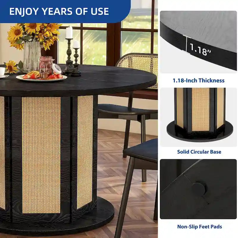 Farmhouse Round Pedestal Dining Table for 4 with Rattan Circular Base