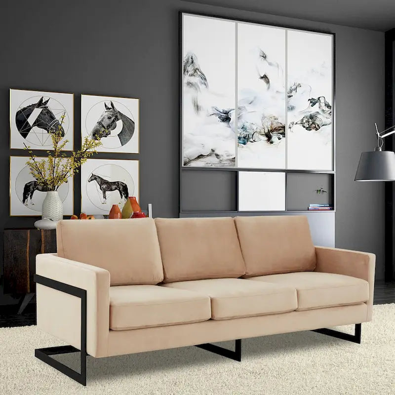 3-Seater Upholstered Velvet Sofa with Black Stainless-Steel Base