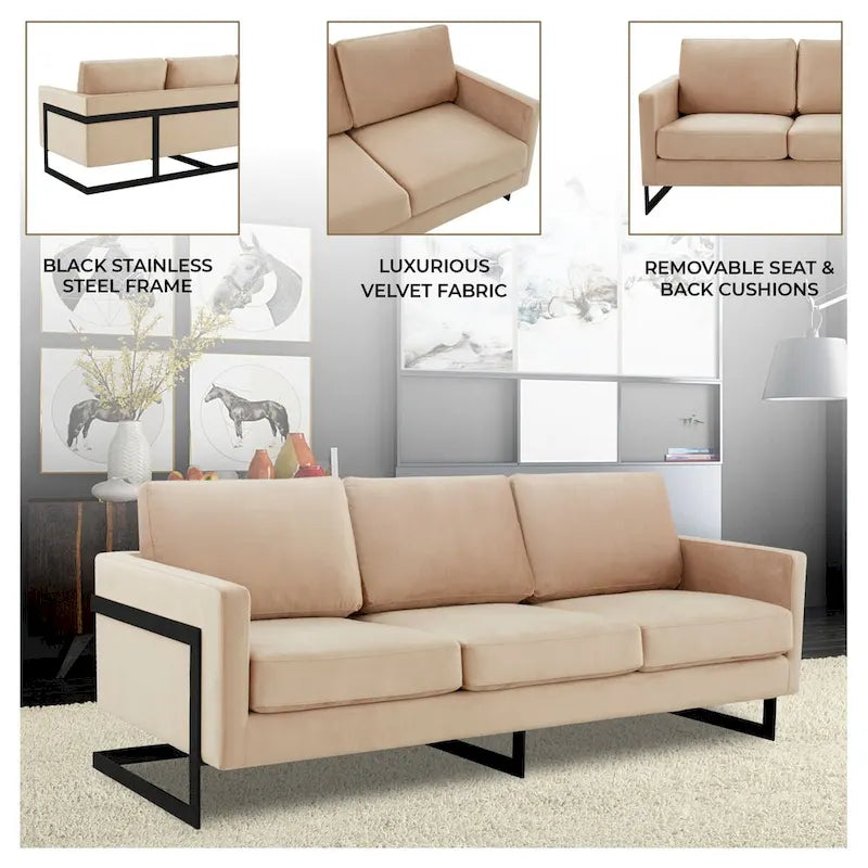 3-Seater Upholstered Velvet Sofa with Black Stainless-Steel Base