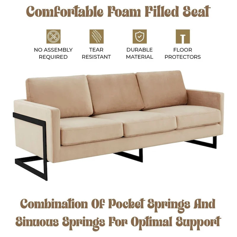 3-Seater Upholstered Velvet Sofa with Black Stainless-Steel Base