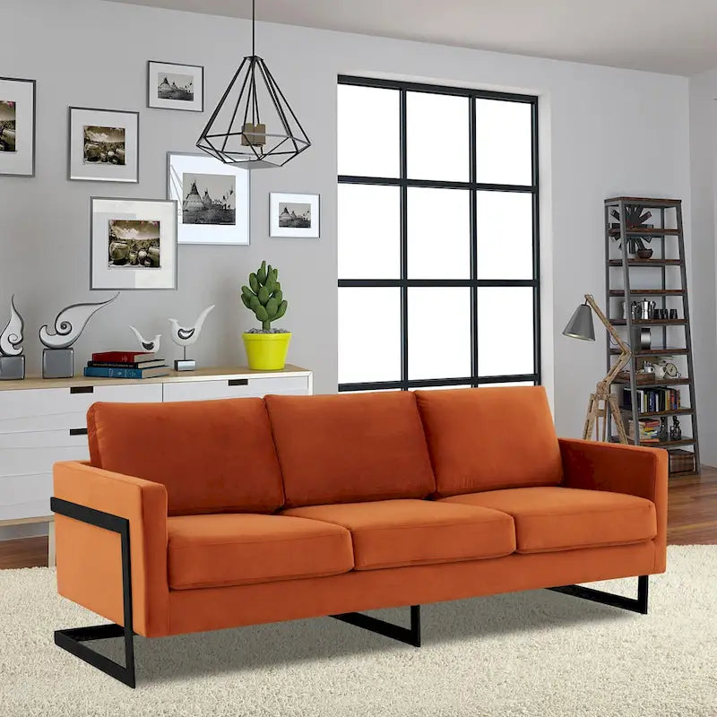 3-Seater Upholstered Velvet Sofa with Black Stainless-Steel Base