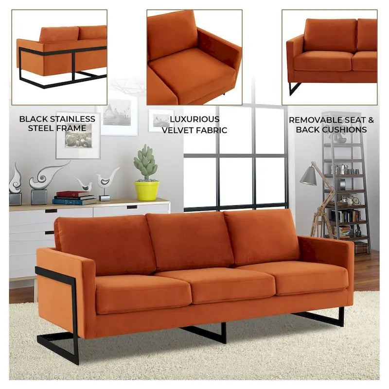 3-Seater Upholstered Velvet Sofa with Black Stainless-Steel Base