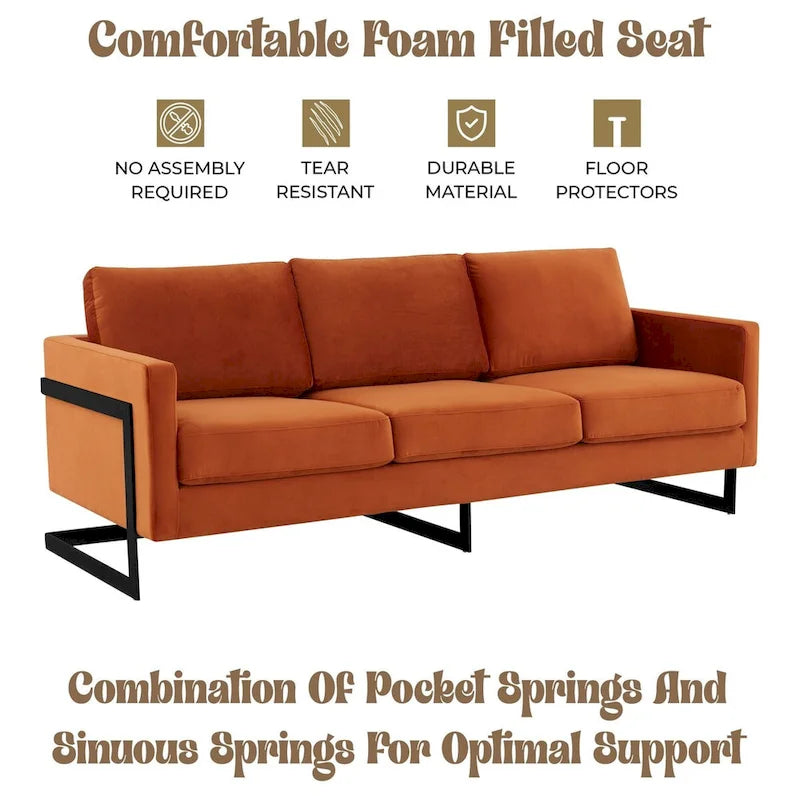 3-Seater Upholstered Velvet Sofa with Black Stainless-Steel Base