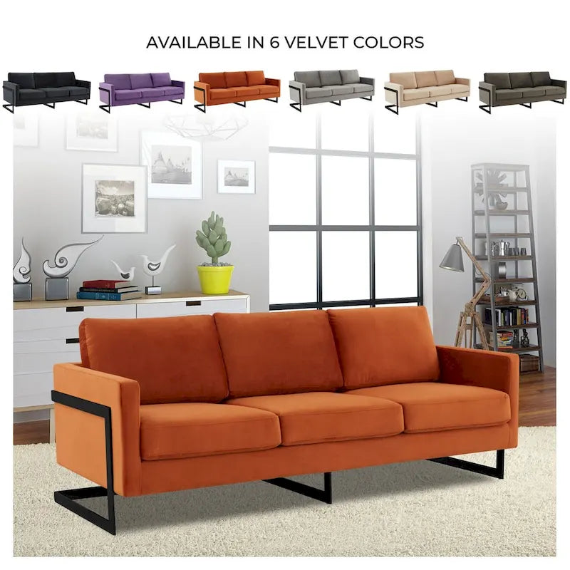 3-Seater Upholstered Velvet Sofa with Black Stainless-Steel Base