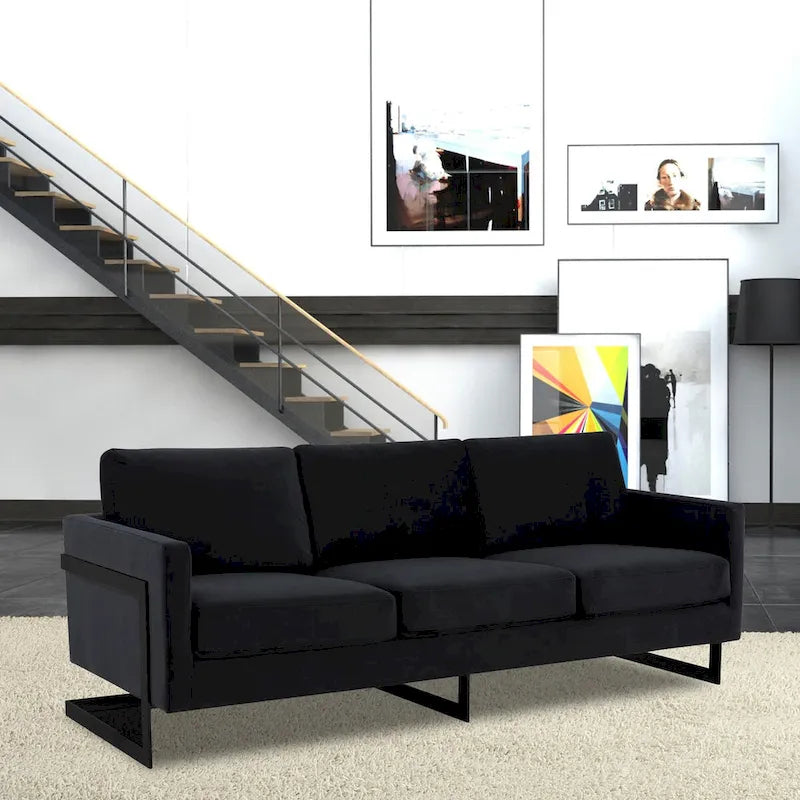 3-Seater Upholstered Velvet Sofa with Black Stainless-Steel Base