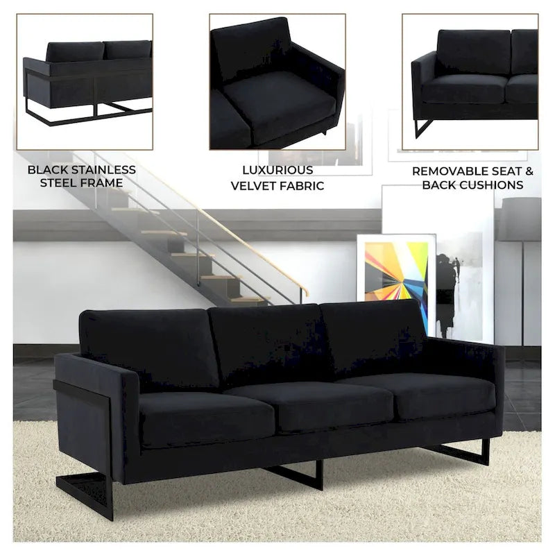 3-Seater Upholstered Velvet Sofa with Black Stainless-Steel Base
