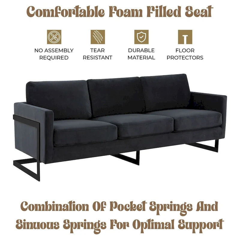 3-Seater Upholstered Velvet Sofa with Black Stainless-Steel Base