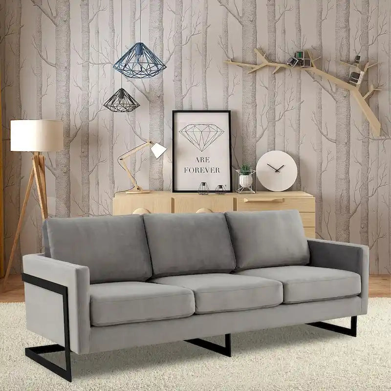 3-Seater Upholstered Velvet Sofa with Black Stainless-Steel Base