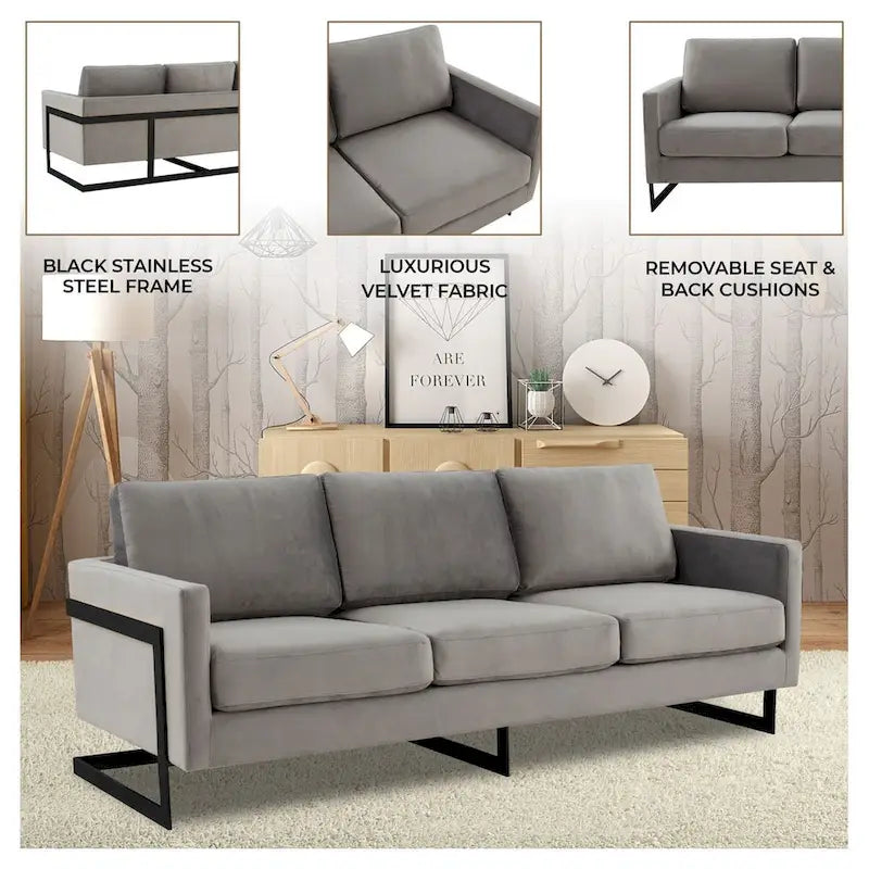 3-Seater Upholstered Velvet Sofa with Black Stainless-Steel Base