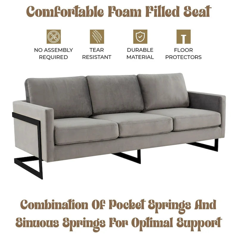 3-Seater Upholstered Velvet Sofa with Black Stainless-Steel Base
